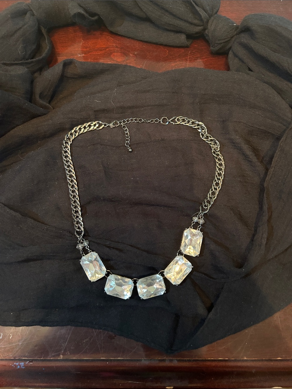 Charming Charlie Clear Crystal Statement Necklace with Gunmetal Chain
